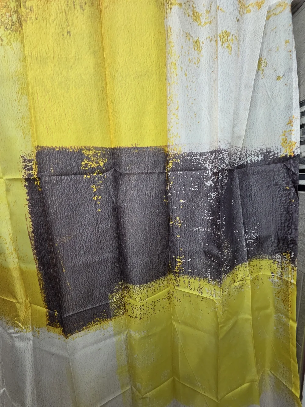 Water Resistant Fabric Shower Curtain With Yellow And Gray Abstract Print